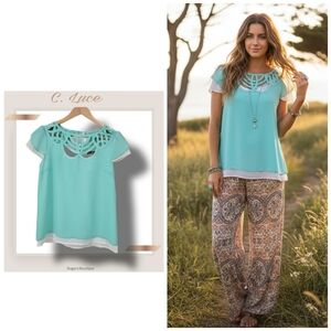 🌿C. Luce Women's Small Mint & White Cap Sleeve Lattice Bodice Blouse-CUTE!